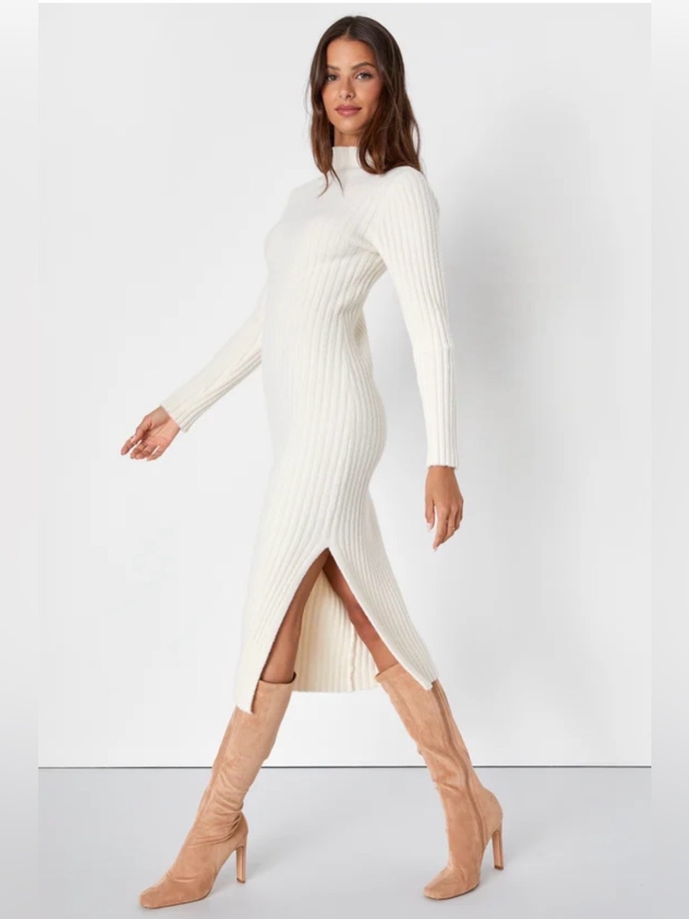 Lulu's Cream Ribbed Knit Midi Dress with Side Slit - Long Sleeve